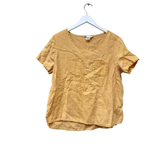 Golden Yellow Sunshine Dopamine 100% Linen Tee Cropped Shirt Vacation Natural - Picture 2 of 10